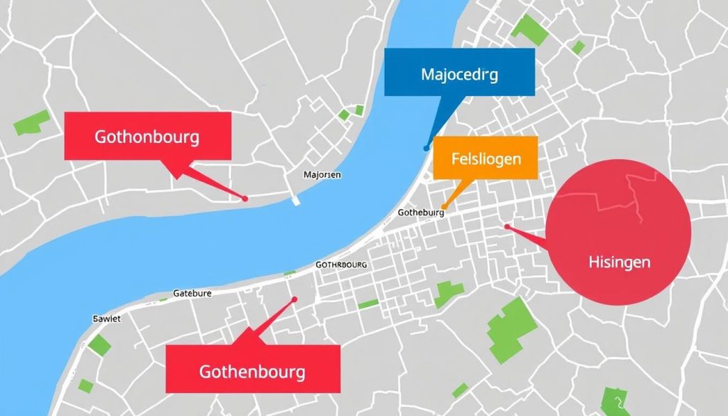 Karta över Göteborg med markerade områden för dödsbo tömning Karta över Göteborg med markerade områden för dödsbo tömning